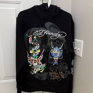 Ed Hardy Black Hoodie with Multicolor Dragon & Tattoo Graphics